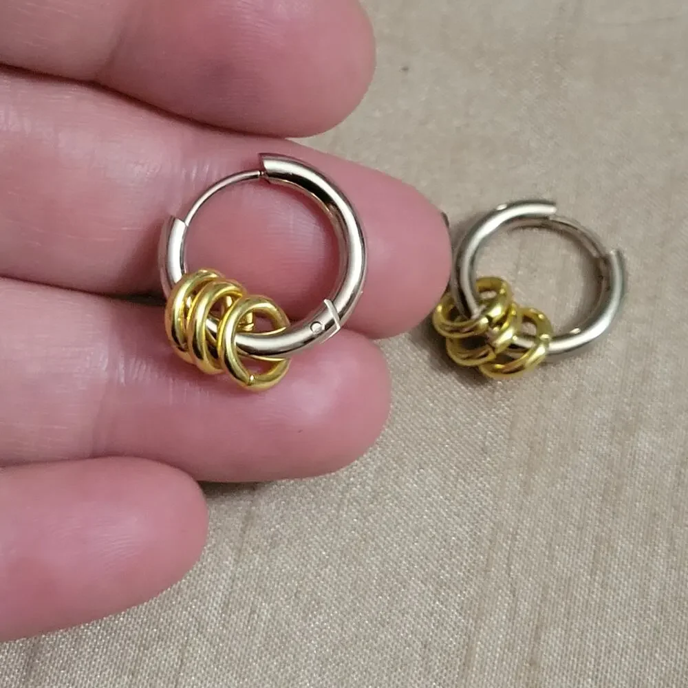 silver & gold two tone stainless o-ring charm mini hoop earrings